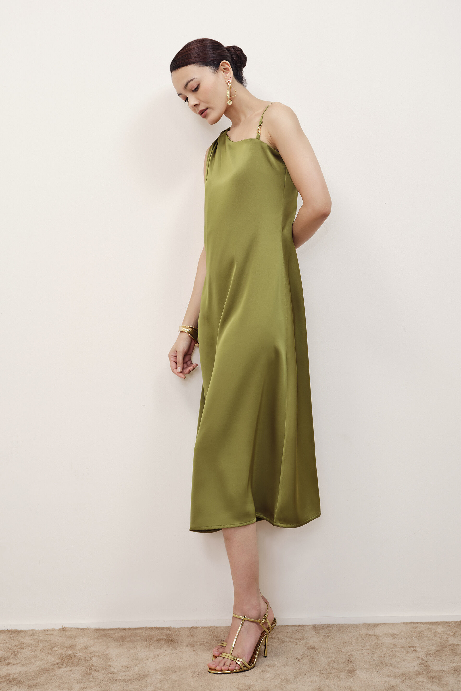 Olive One-Shoulder Satin Dress, Olive, image 4